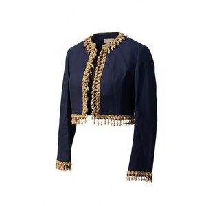 Vintage 1970s Joan Leslie by Kasper women's Jacket Navy Blue With Wood Appliqué